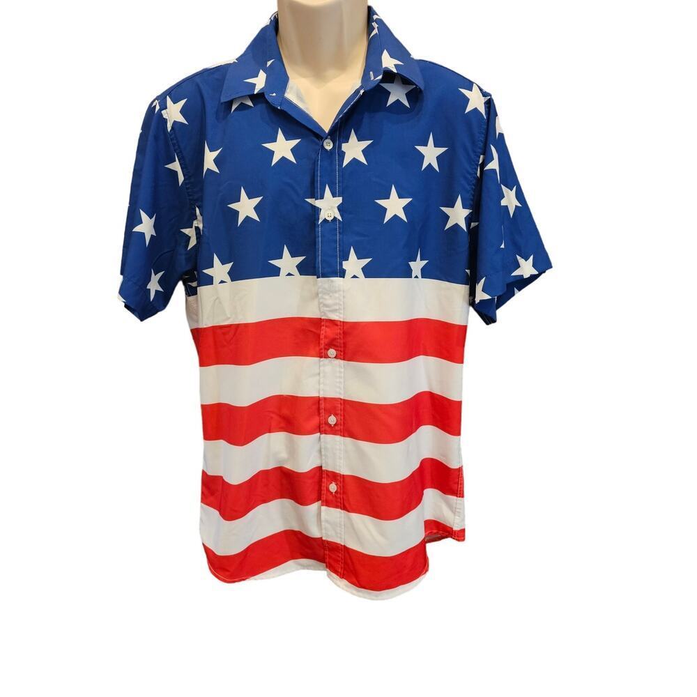 J&D HUASHA sz M American flag red white blue patriotic shirt sleeve button up #